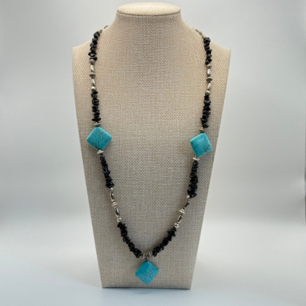 Turquoise‎ Onyx Boho Western Beaded Statement Necklace OS Blue Black